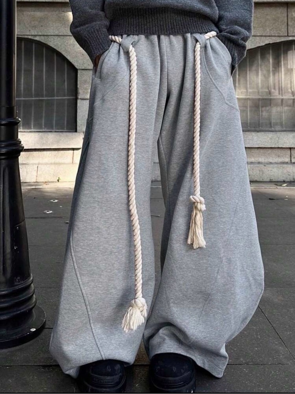 Gray Wide-Leg Sweatpants with Rope Drawstring - Picture 2 of 6